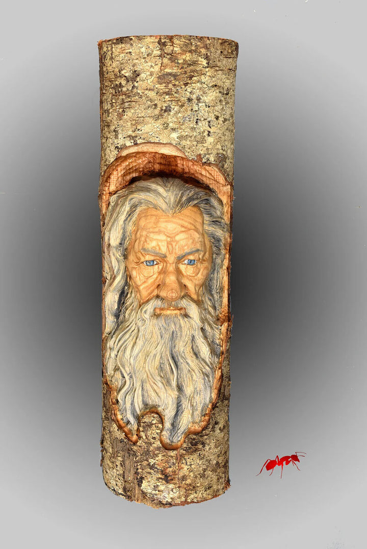 Ian McKellen face sculpture wood