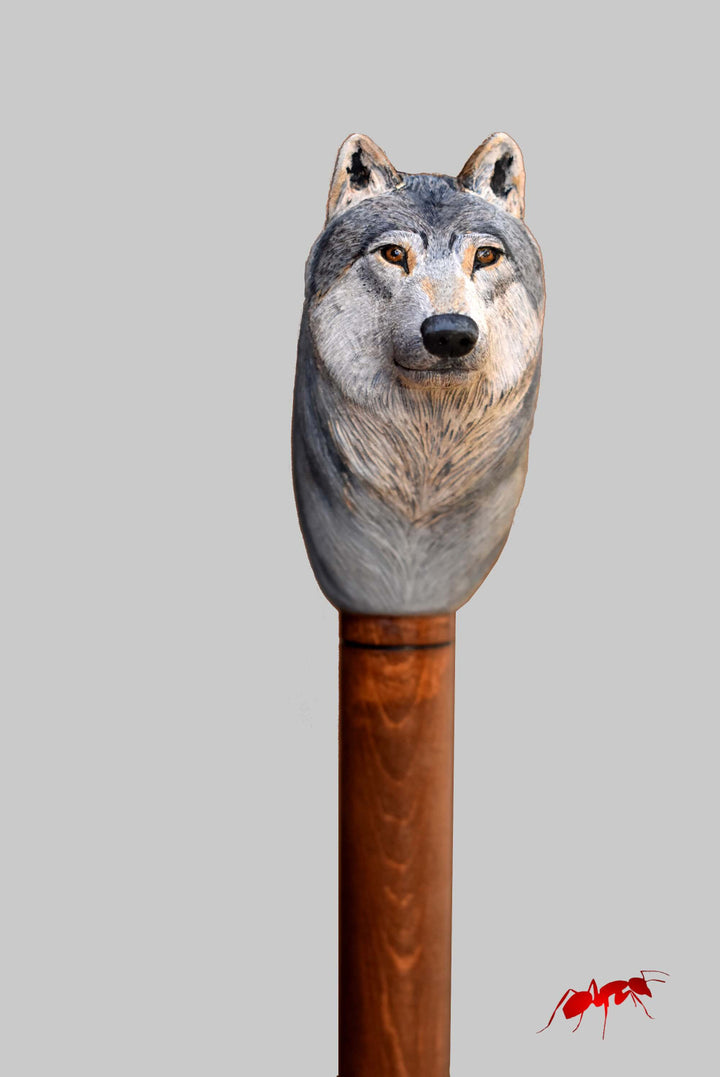 handcrafted wood wolf walking cane