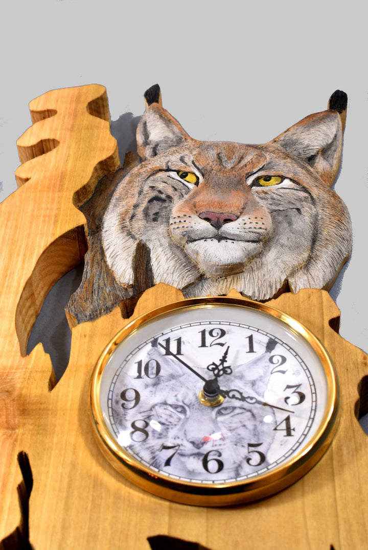 wooden clock carved lynx head with arabic wall clock numerals,handpainted clock rectangular wall art wooden figures - AntSarT 