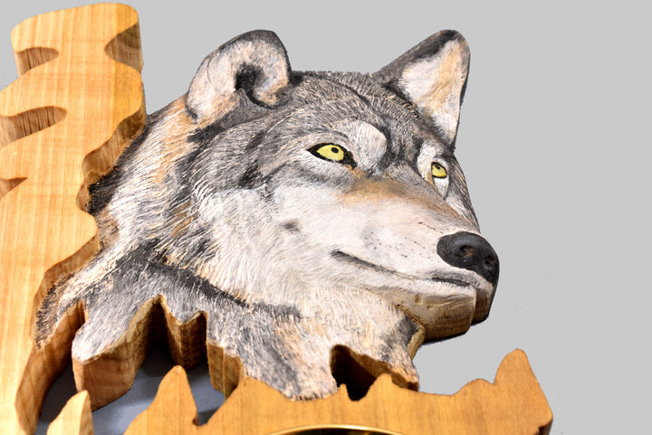 Hand craft carving wall clock wood gray wolf head - AntSarT 