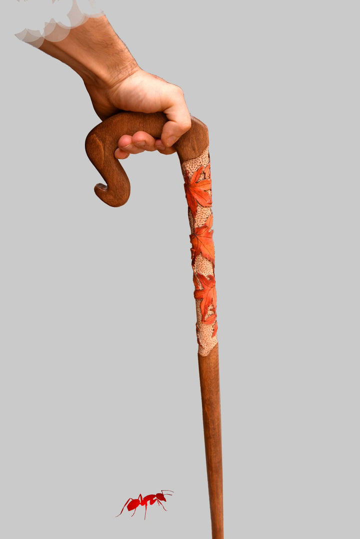 Handmade wooden walking canes red maple leaf wood carving shepherd's crook for sale - AntSarT 