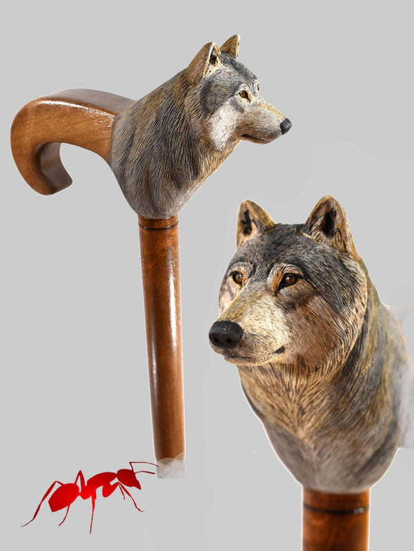 grey wolf wood walking cane