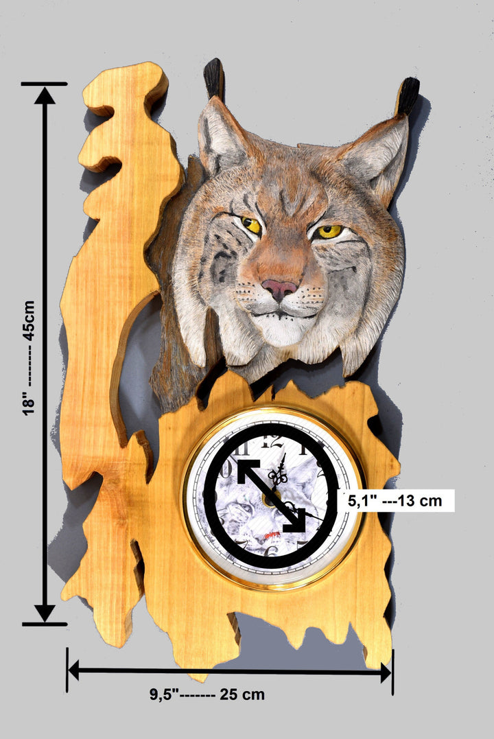 wooden clock carved lynx head with arabic wall clock numerals,handpainted clock rectangular wall art wooden figures - AntSarT 