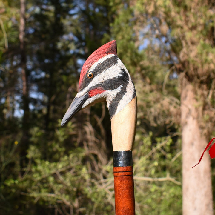 wood hiking stick woodpecker head